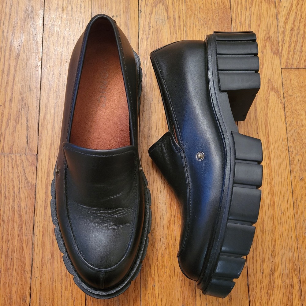 Vionic Elodie Black Leather‎ Lug Sole Platform Loafers 6 Slip On Shoes Academia